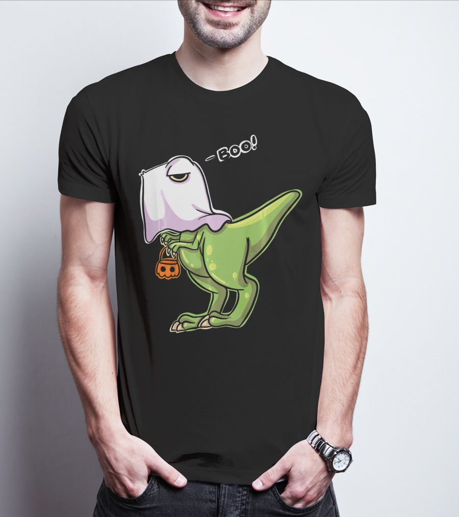 Funny Dinosaur Dressed As Halloween Ghost With Boo Text And Pumpkin T-Shirt