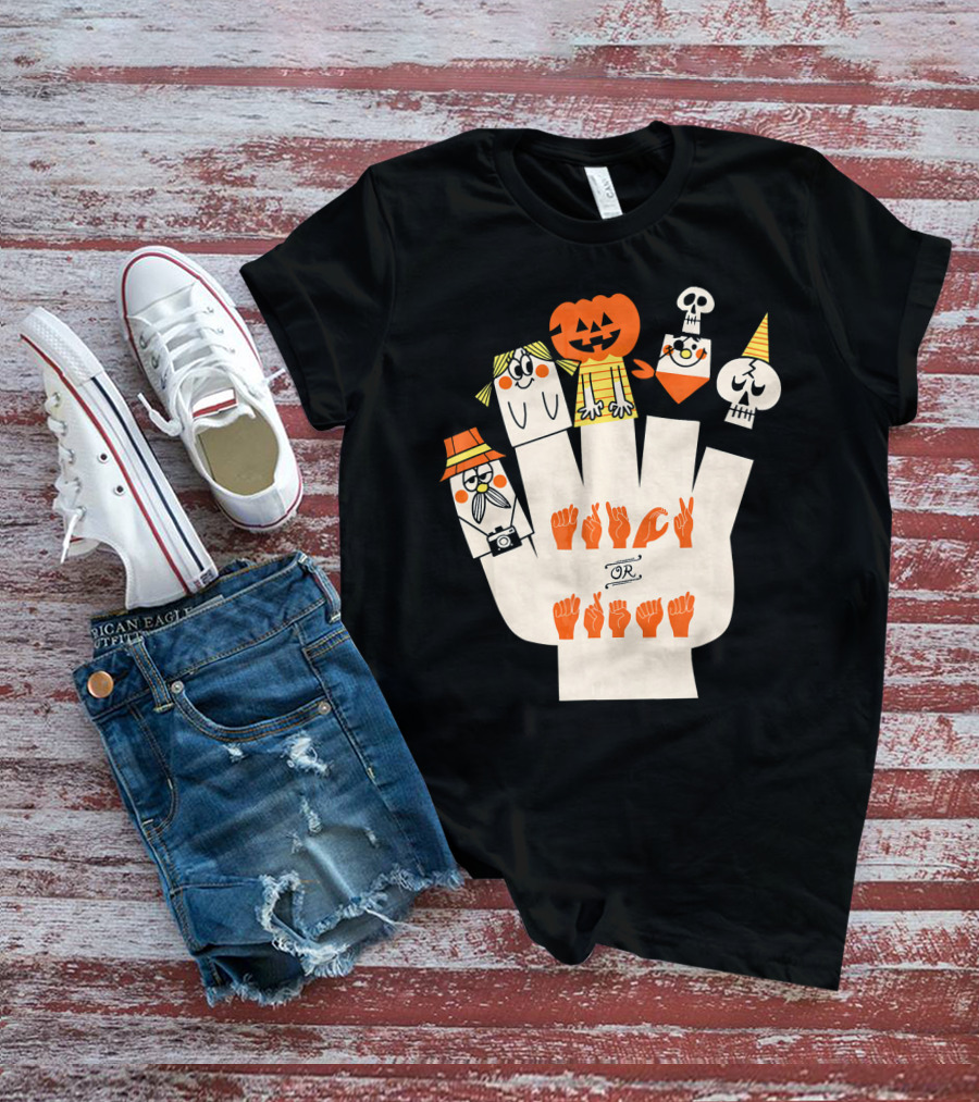 Trick Or Treat ASL Halloween Hand Signs With Pumpkin And Ghost Characters T-Shirt