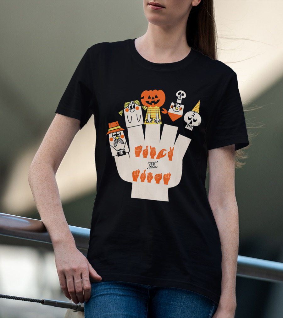 Trick Or Treat ASL Halloween Hand Signs With Pumpkin And Ghost Characters T-Shirt
