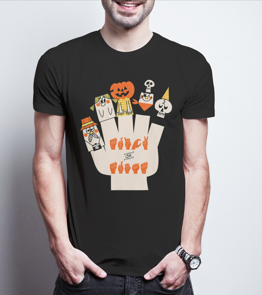 Trick Or Treat ASL Halloween Hand Signs With Pumpkin And Ghost Characters T-Shirt