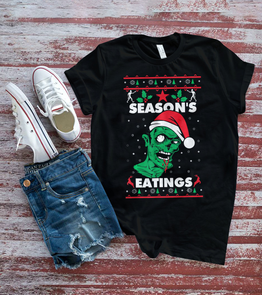 Season's Eatings Ugly Christmas Zombie Santa Hat Snowflakes T-Shirt