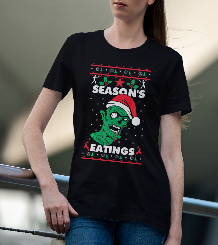 Season's Eatings Ugly Christmas Zombie Santa Hat Snowflakes T-Shirt