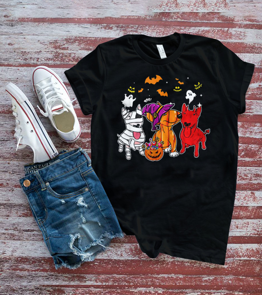 Adorable Bull Terrier Trio In Halloween Costumes With Spooky Ghosts And Bats T-Shirt