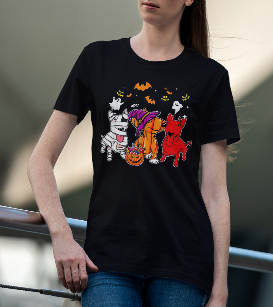 Adorable Bull Terrier Trio In Halloween Costumes With Spooky Ghosts And Bats T-Shirt