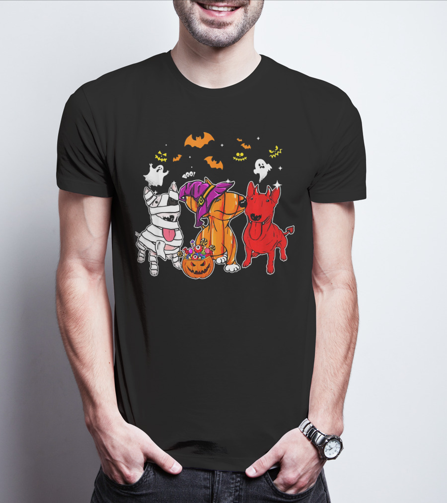Adorable Bull Terrier Trio In Halloween Costumes With Spooky Ghosts And Bats T-Shirt