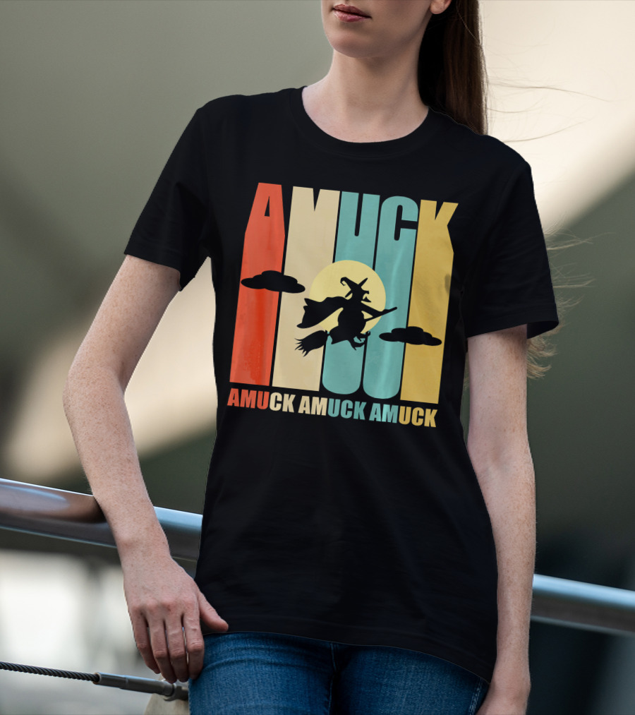 Amuck Amuck Amuck Vintage Witch On Broom Silhouette With Sunset Background T-Shirt