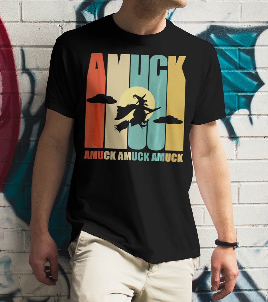 Amuck Amuck Amuck Vintage Witch On Broom Silhouette With Sunset Background T-Shirt