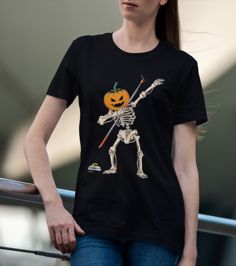 Pumpkin Skeleton Dabbing Curling Halloween T-Shirt
