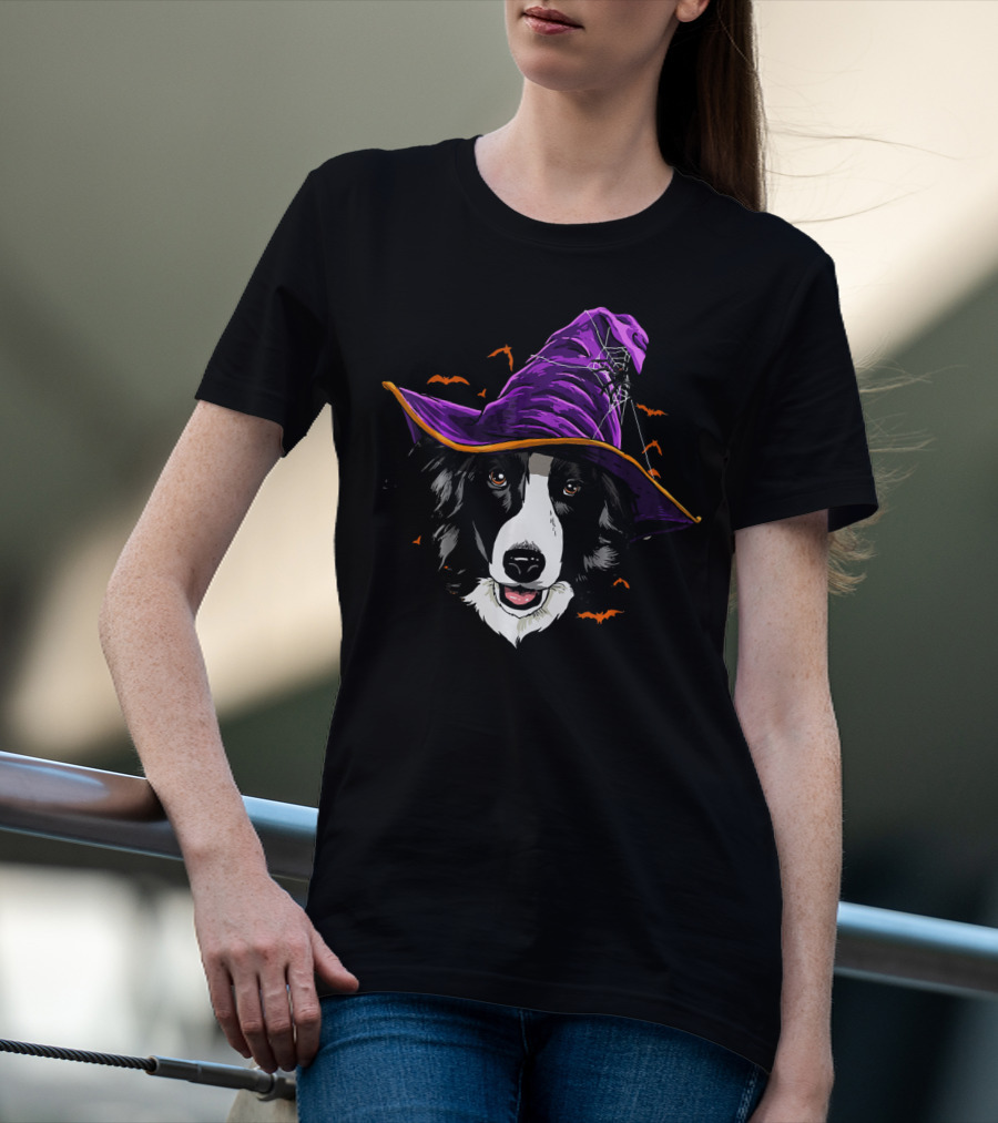 Border Collie Halloween Witch Hat With Flying Bats T-Shirt
