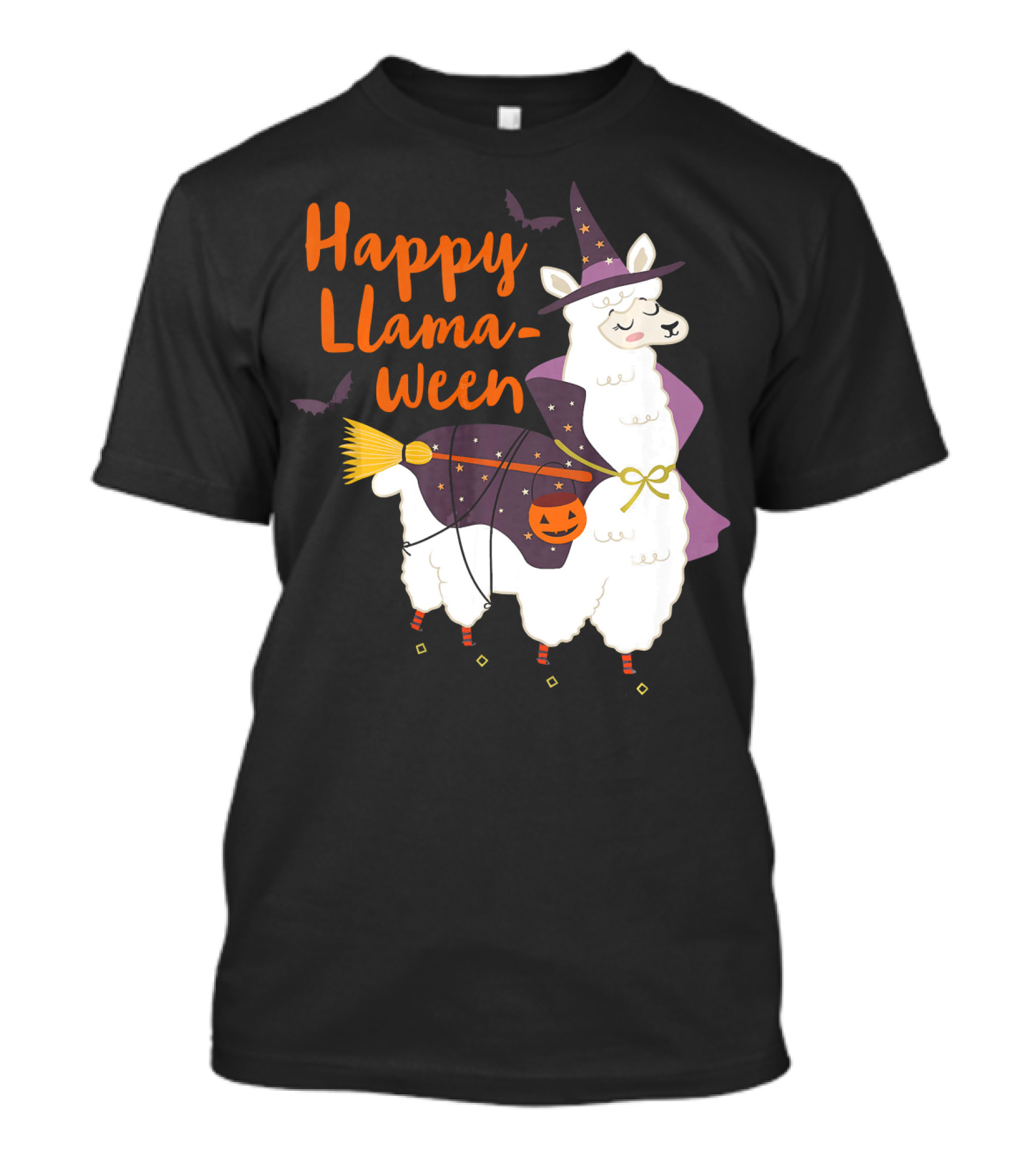 Happy Llamaween Witchy Halloween Llama With Hat And Broom T-Shirt