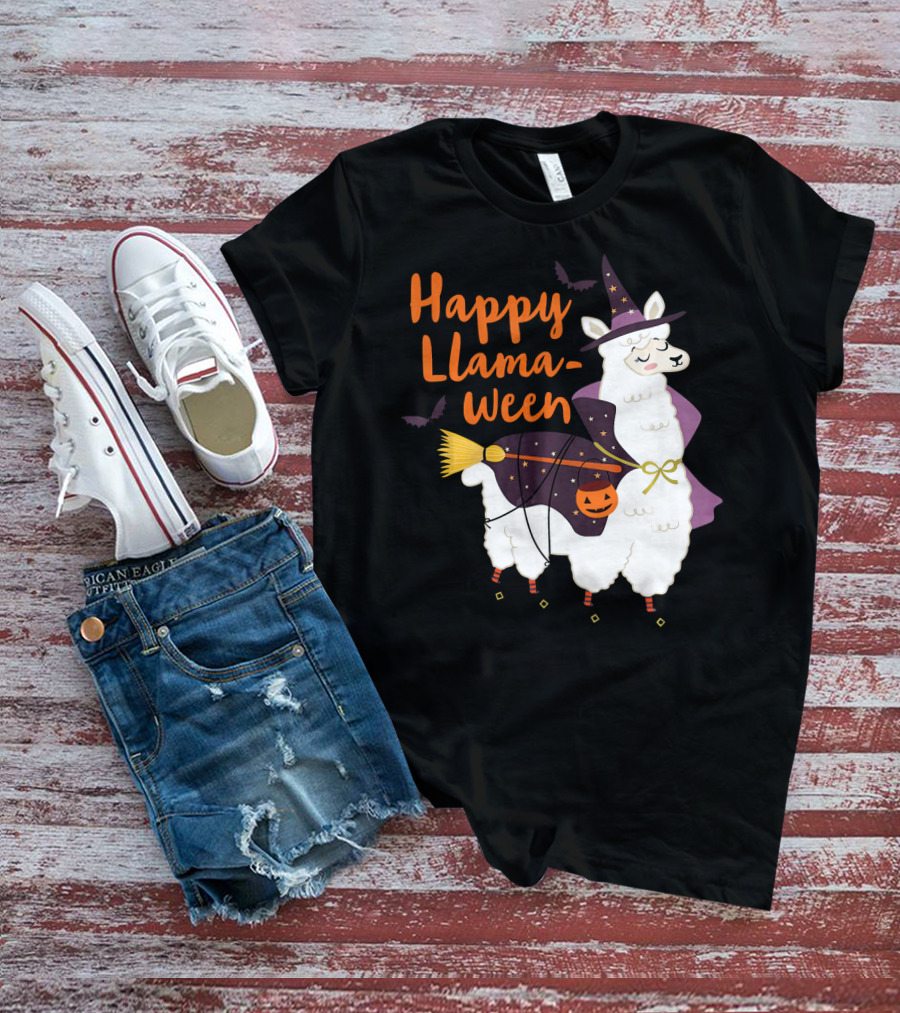 Happy Llamaween Witchy Halloween Llama With Hat And Broom T-Shirt