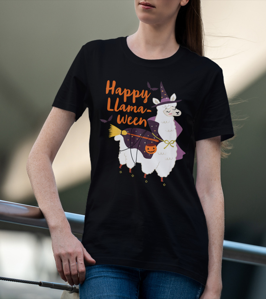 Happy Llamaween Witchy Halloween Llama With Hat And Broom T-Shirt