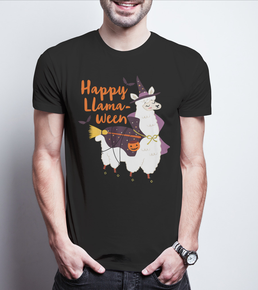 Happy Llamaween Witchy Halloween Llama With Hat And Broom T-Shirt