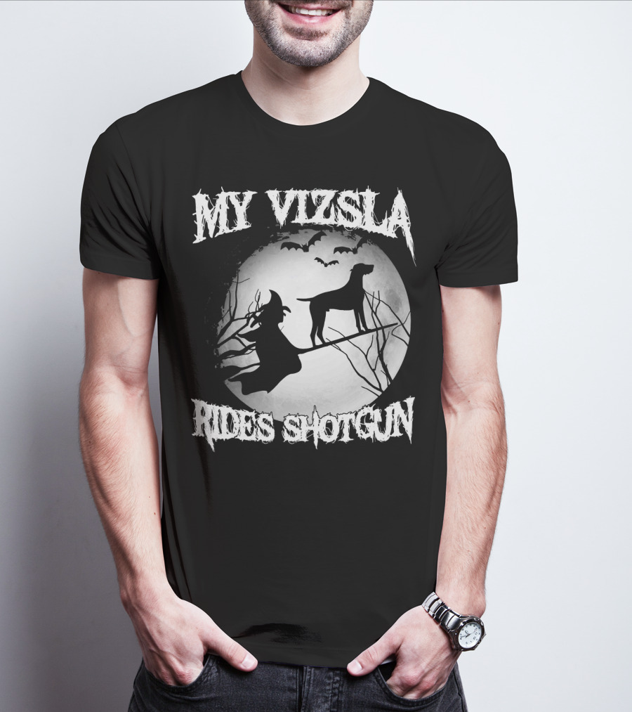 My Vizsla Rides Shotgun Halloween Witch Moon Bats T-Shirt