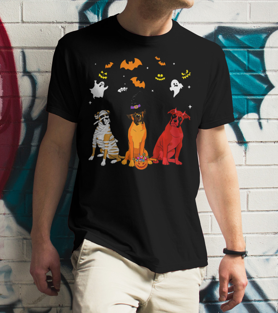Halloween Boxer Dogs Mummy Witch Ghosts Bats T-Shirt