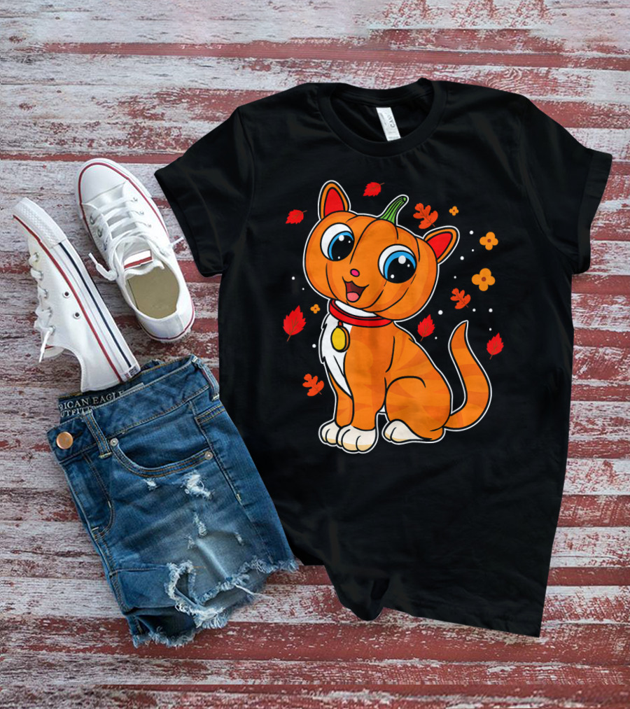 Halloween Pumpkin Cat With Autumn Leaves And Flowers T-Shirt