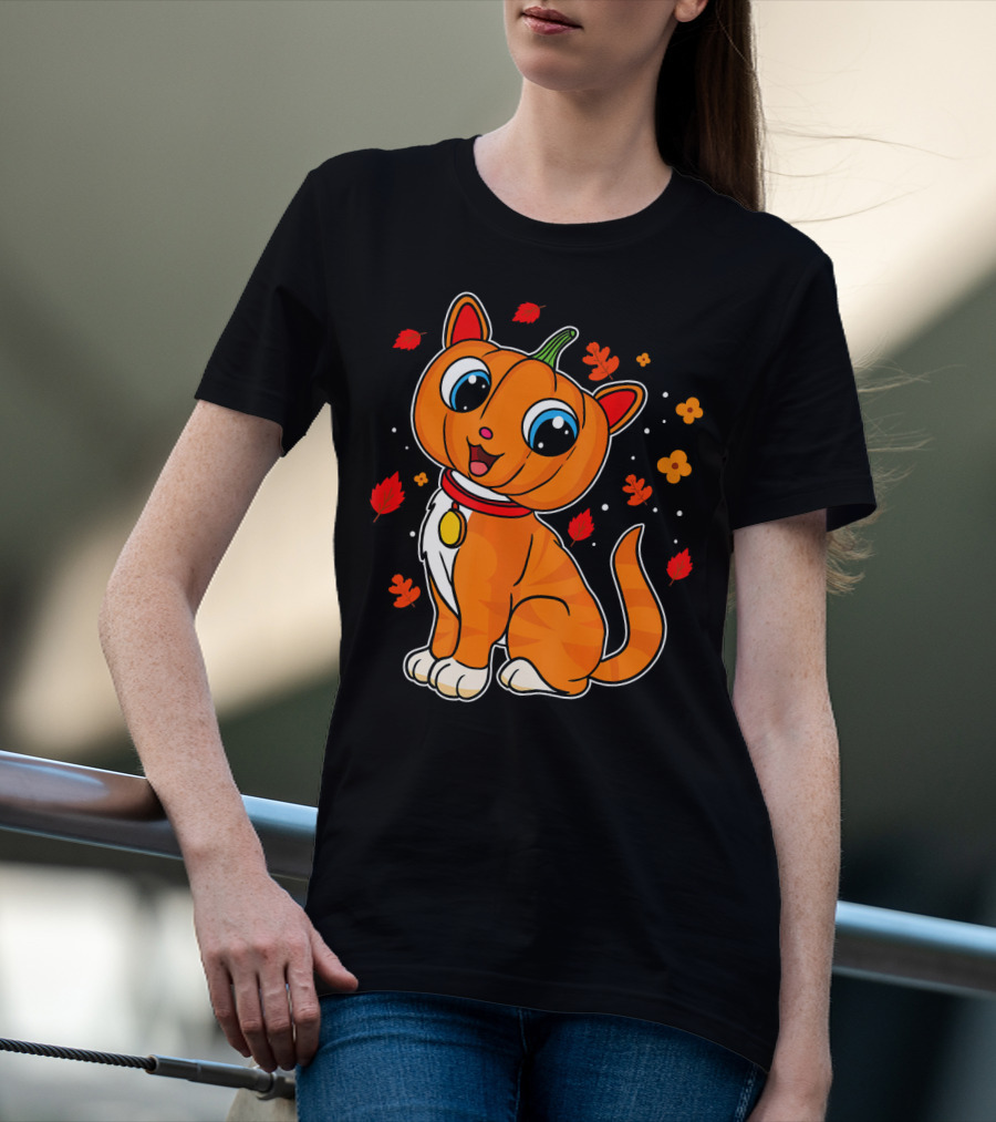 Halloween Pumpkin Cat With Autumn Leaves And Flowers T-Shirt