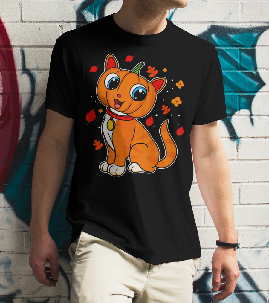 Halloween Pumpkin Cat With Autumn Leaves And Flowers T-Shirt