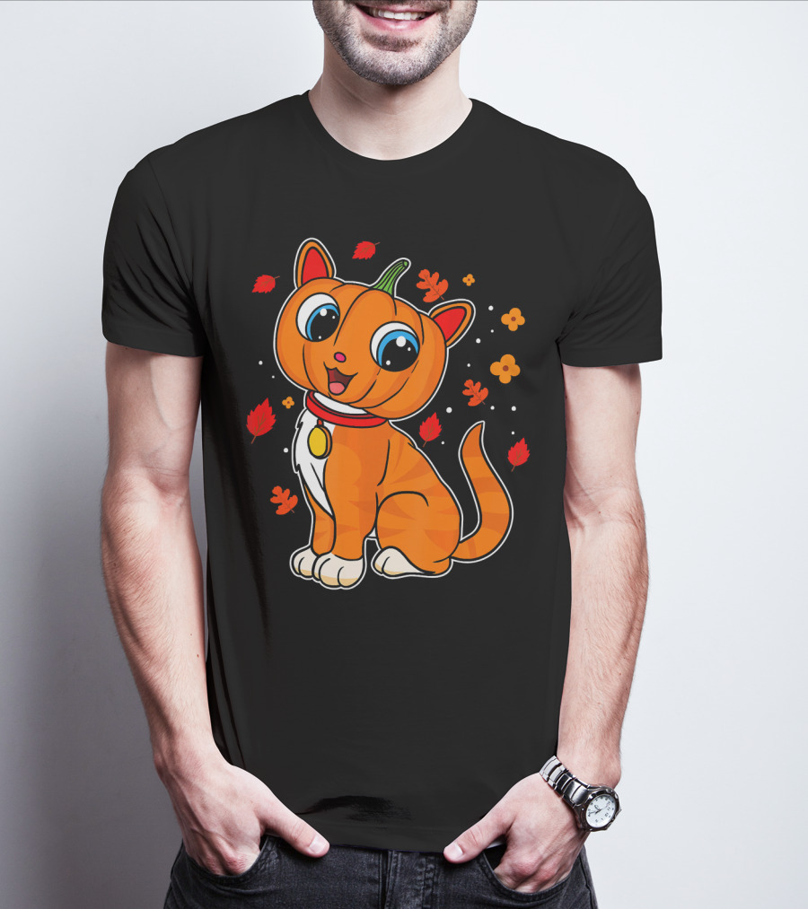 Halloween Pumpkin Cat With Autumn Leaves And Flowers T-Shirt