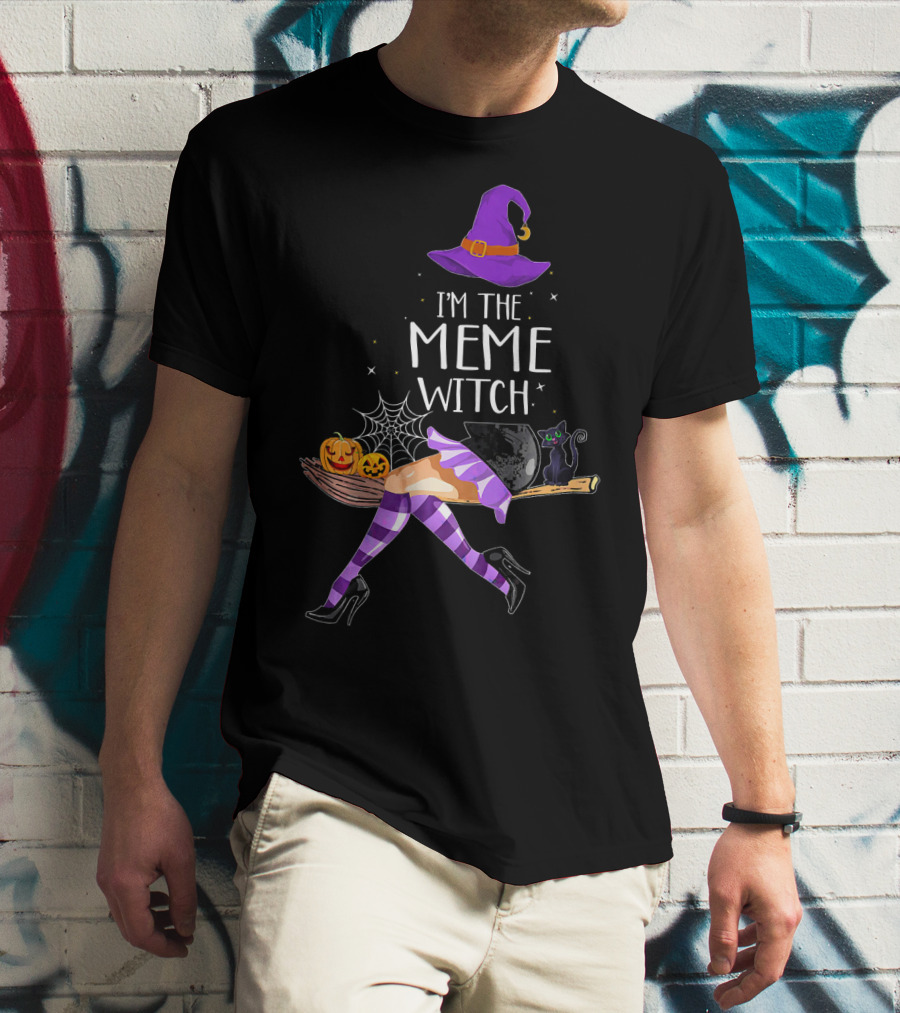 I'm The Meme Witch Halloween Cat Pumpkin Broomstick Hat T-Shirt