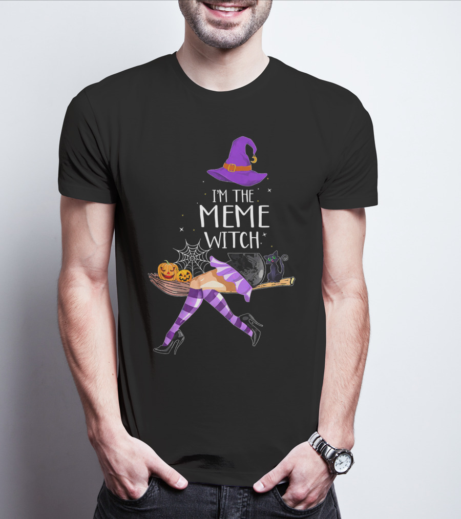 I'm The Meme Witch Halloween Cat Pumpkin Broomstick Hat T-Shirt