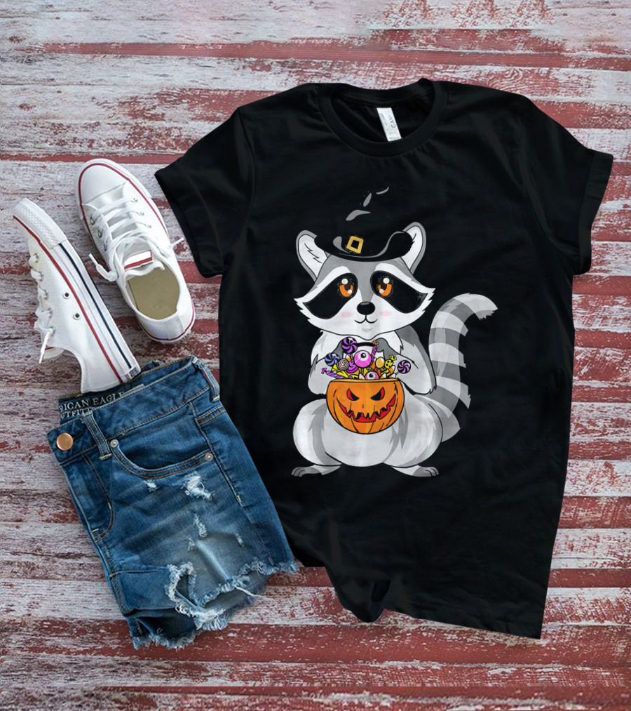 Halloween Raccoon Witch Hat Pumpkin Candy T-Shirt