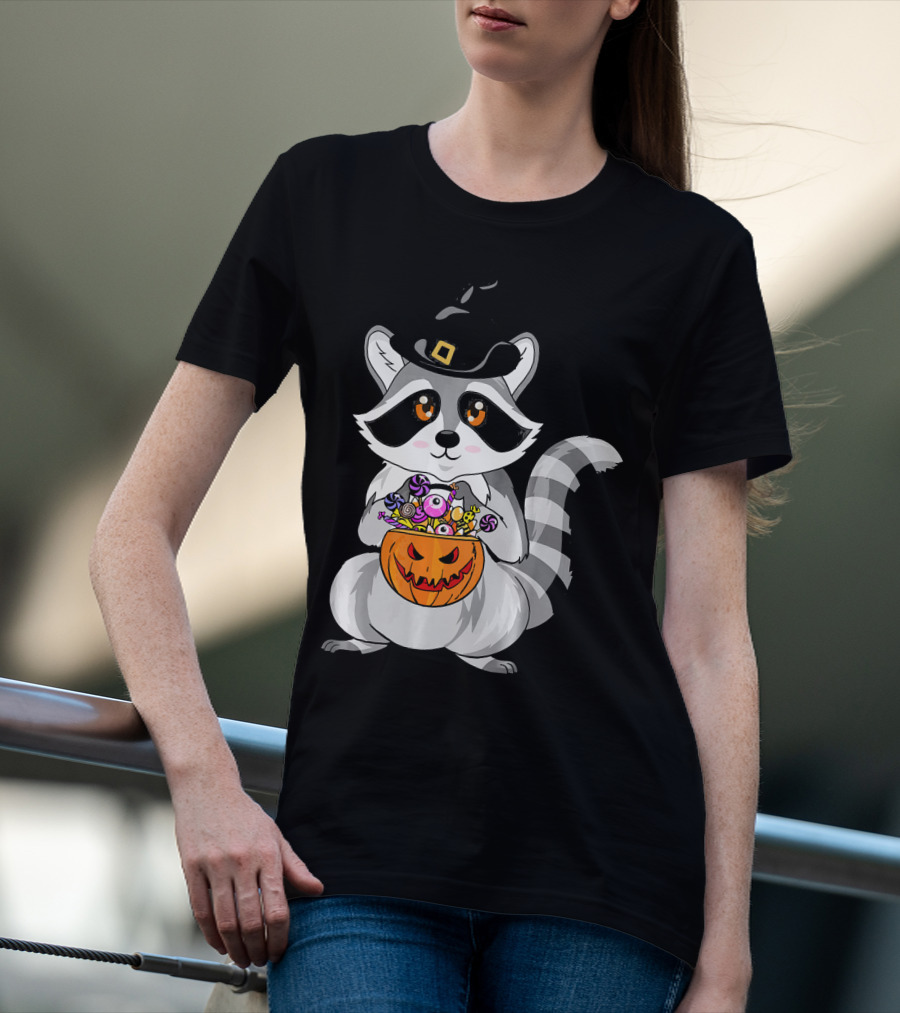 Halloween Raccoon Witch Hat Pumpkin Candy T-Shirt