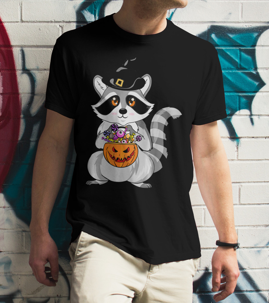 Halloween Raccoon Witch Hat Pumpkin Candy T-Shirt