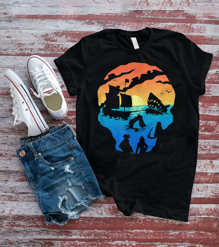 Mens Skeleton Skull Pirate Ship Sunset T-Shirt