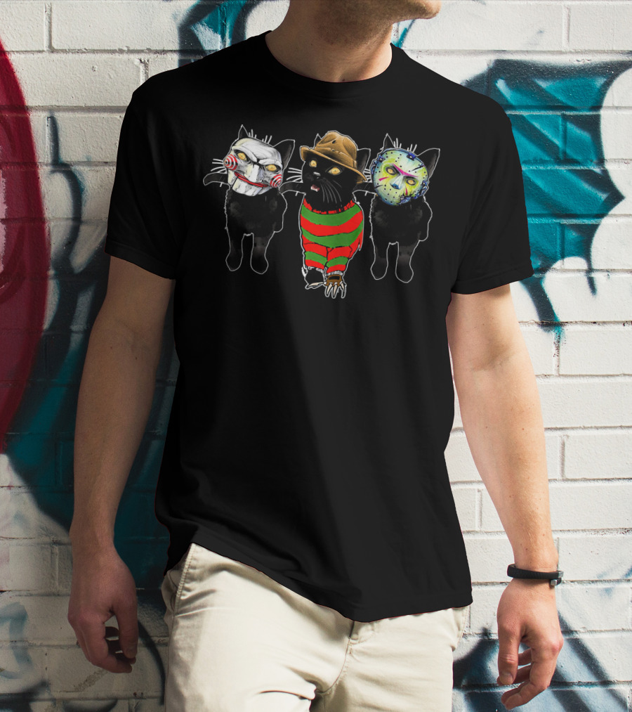 Funny Horror Movie Cats With Iconic Characters Masked Faces T-Shirt