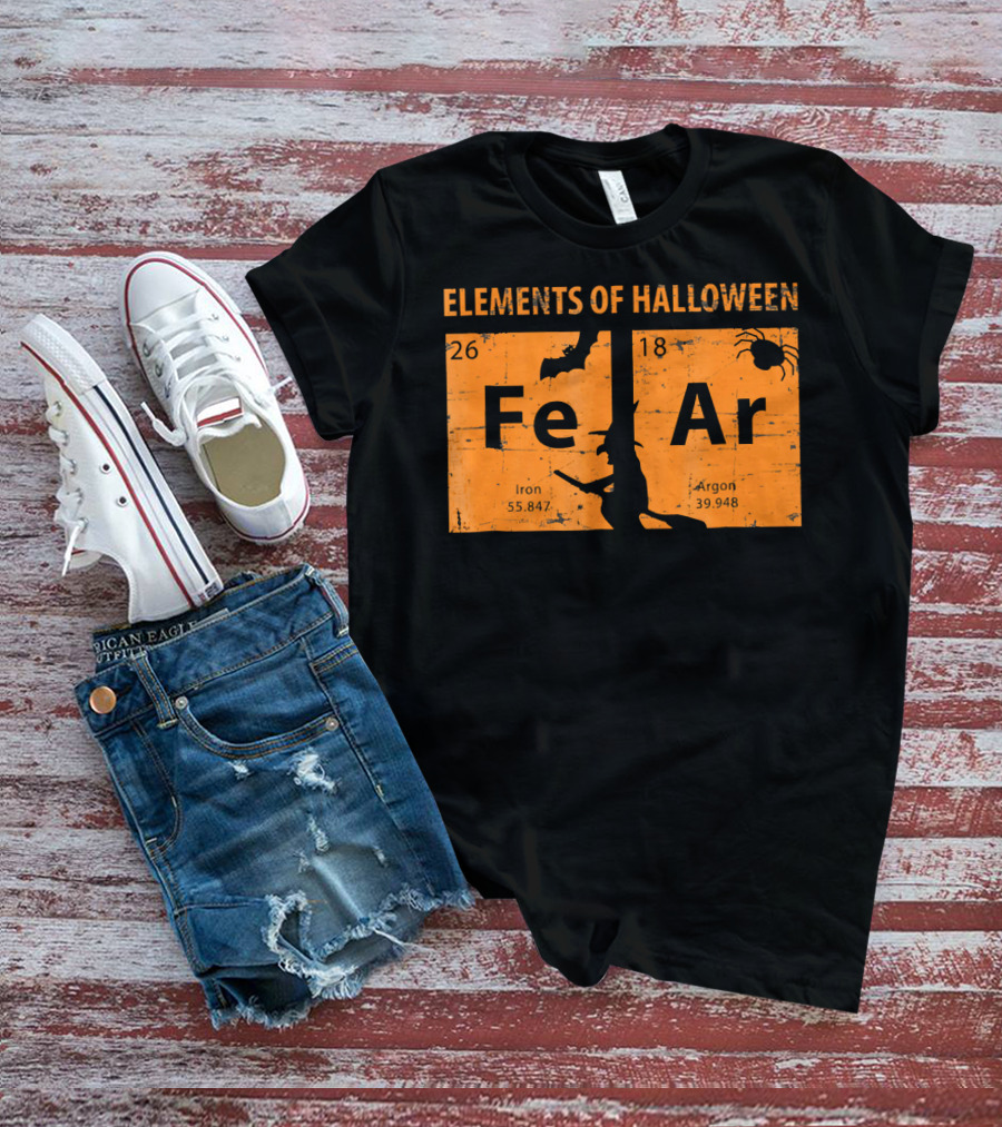 Elements Of Halloween Periodic Table Fe Ar 26 18 Iron Argon Witch Bat Spider T-Shirt