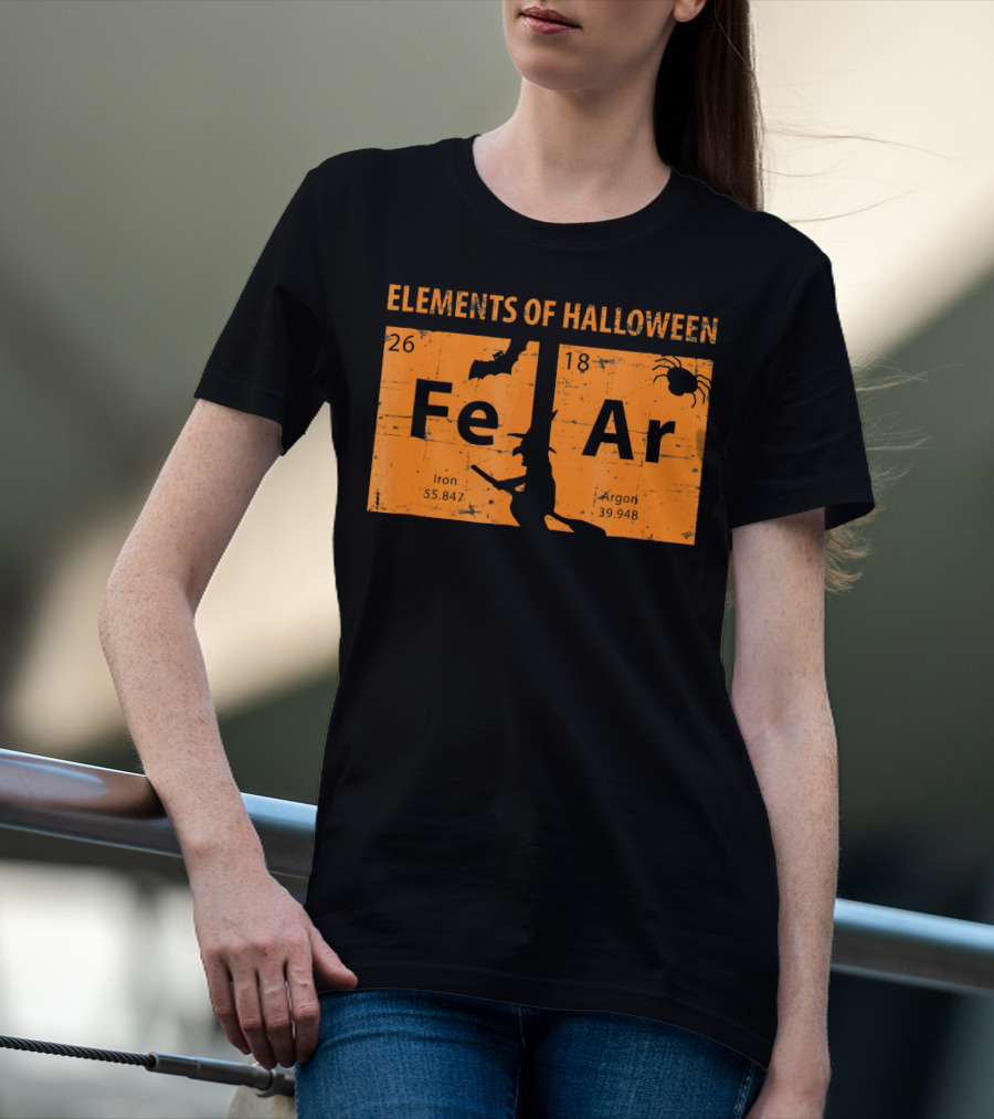 Elements Of Halloween Periodic Table Fe Ar 26 18 Iron Argon Witch Bat Spider T-Shirt