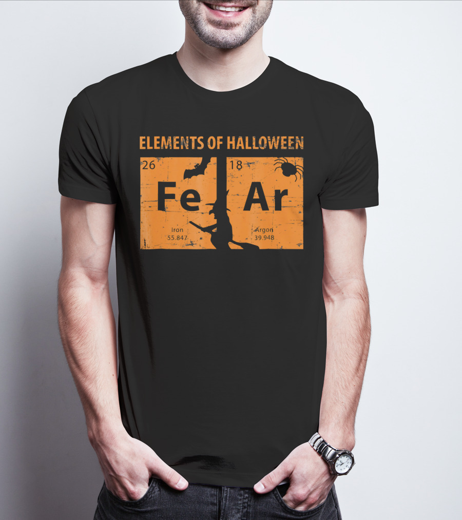 Elements Of Halloween Periodic Table Fe Ar 26 18 Iron Argon Witch Bat Spider T-Shirt