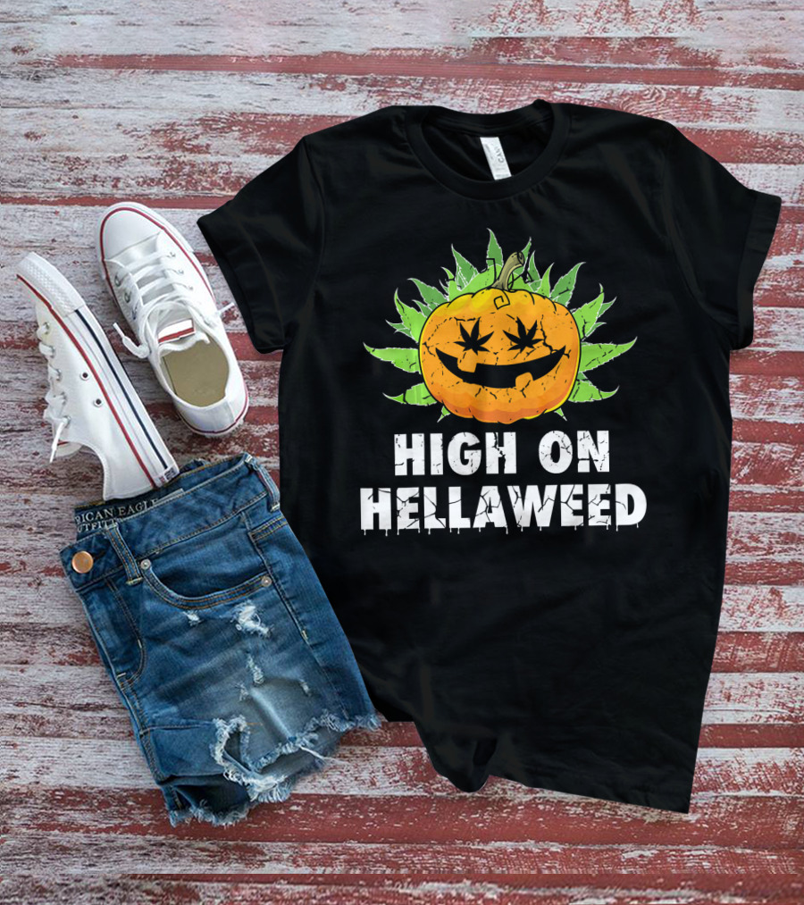 High On Hellaweed Halloween Weed Cannabis Pumpkin Face T-Shirt