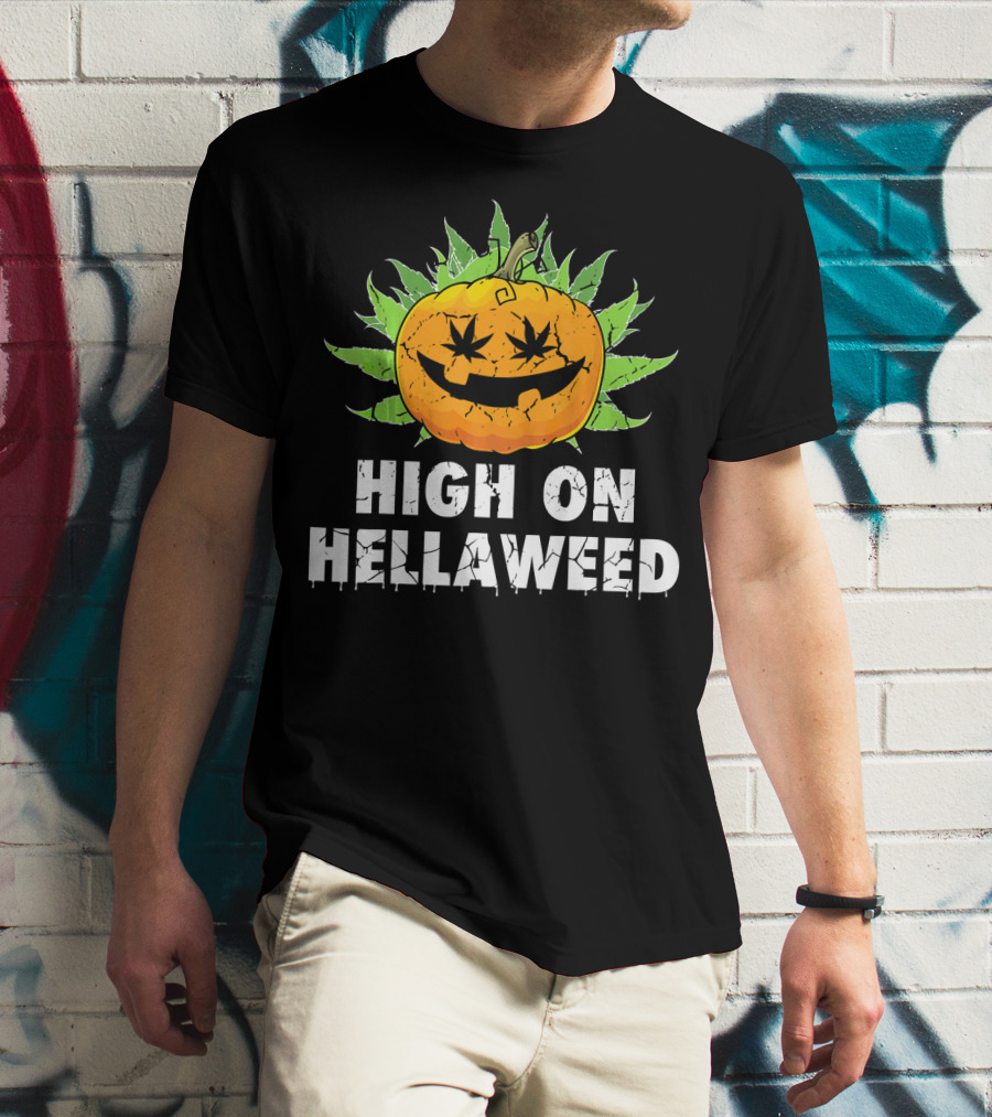 High On Hellaweed Halloween Weed Cannabis Pumpkin Face T-Shirt