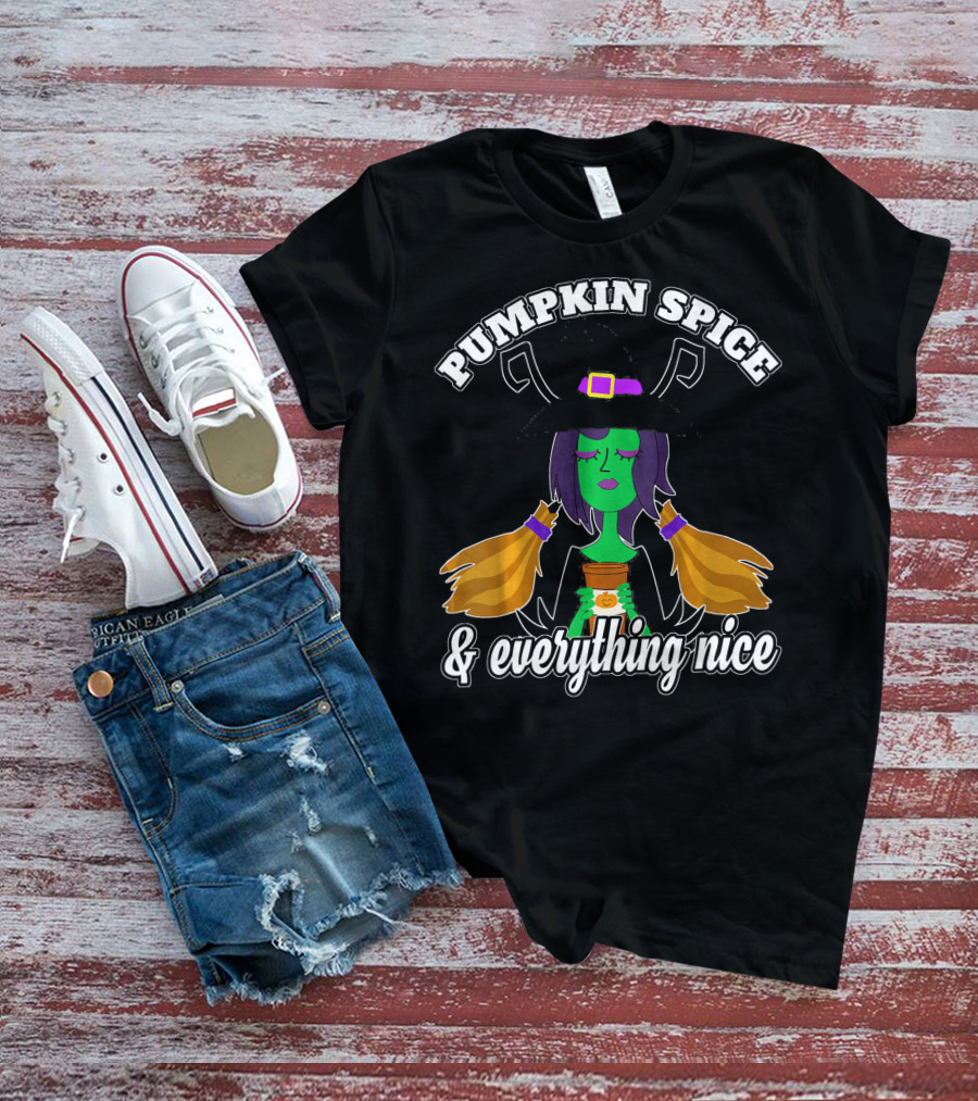Pumpkin Spice And Everything Nice Witch Green Face Hat Brooms T-Shirt