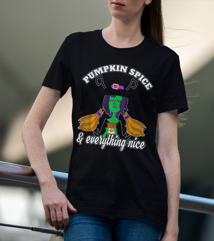Pumpkin Spice And Everything Nice Witch Green Face Hat Brooms T-Shirt