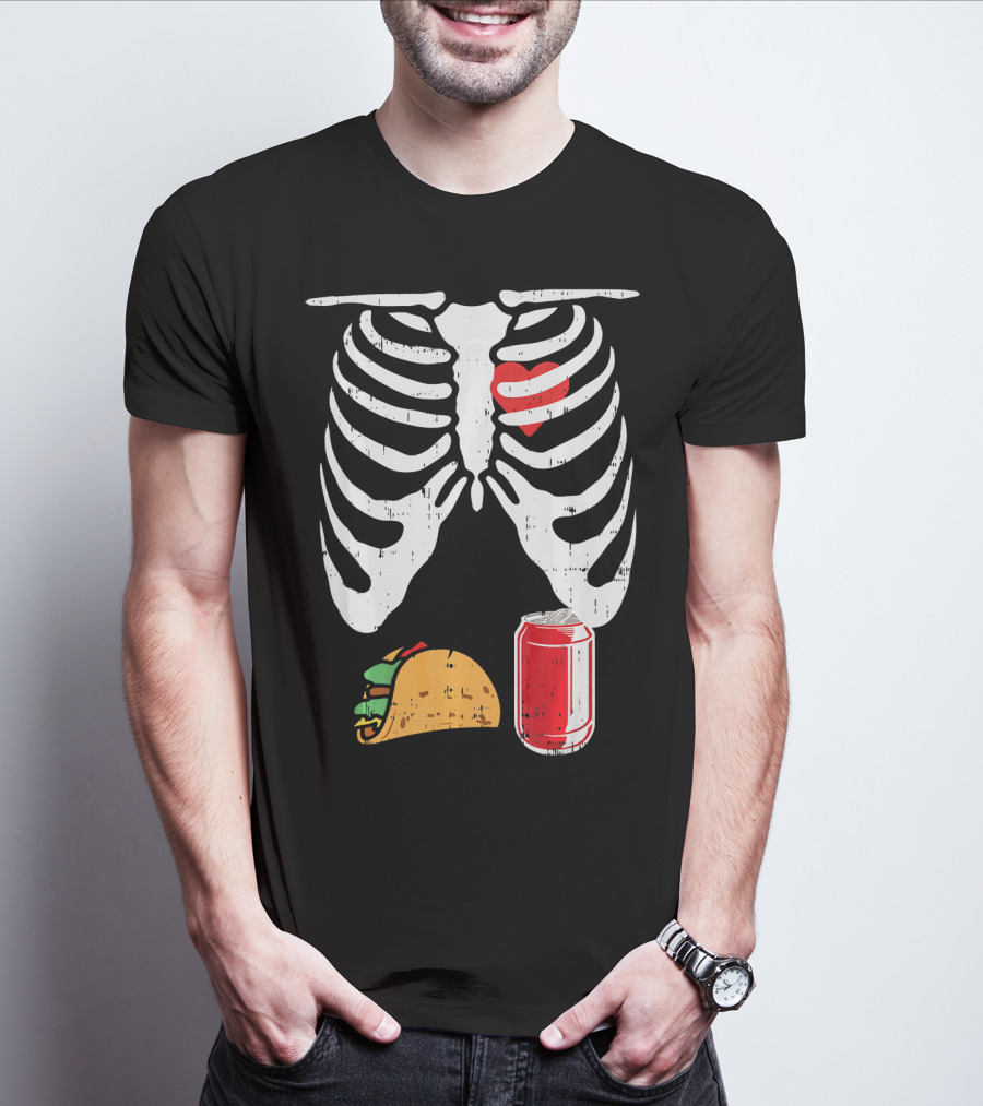 Skeleton Ribcage Heart Taco Beer Can Xray T-Shirt