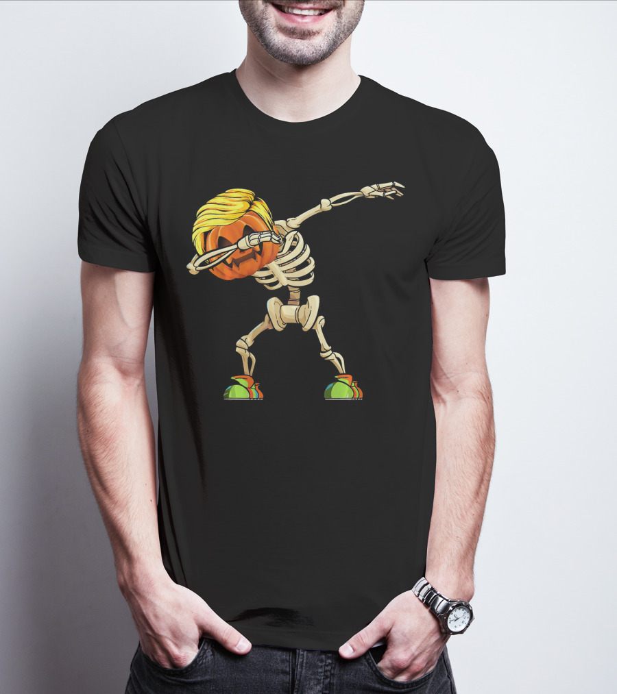 Funny Halloween Dabbing Skeleton Pumpkin With Golden Hair And Colorful Sneakers T-Shirt