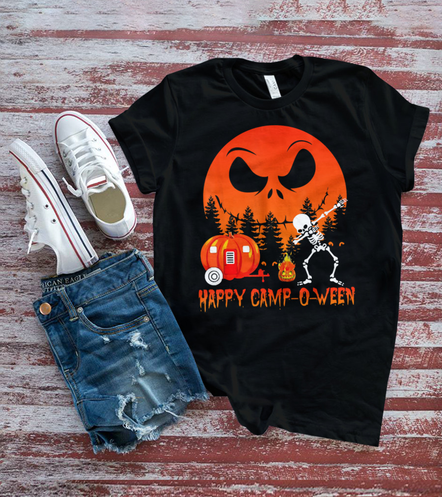 Happy Camp-O-Ween Skeleton Dab Pumpkin Camper Spooky Forest Scene T-Shirt