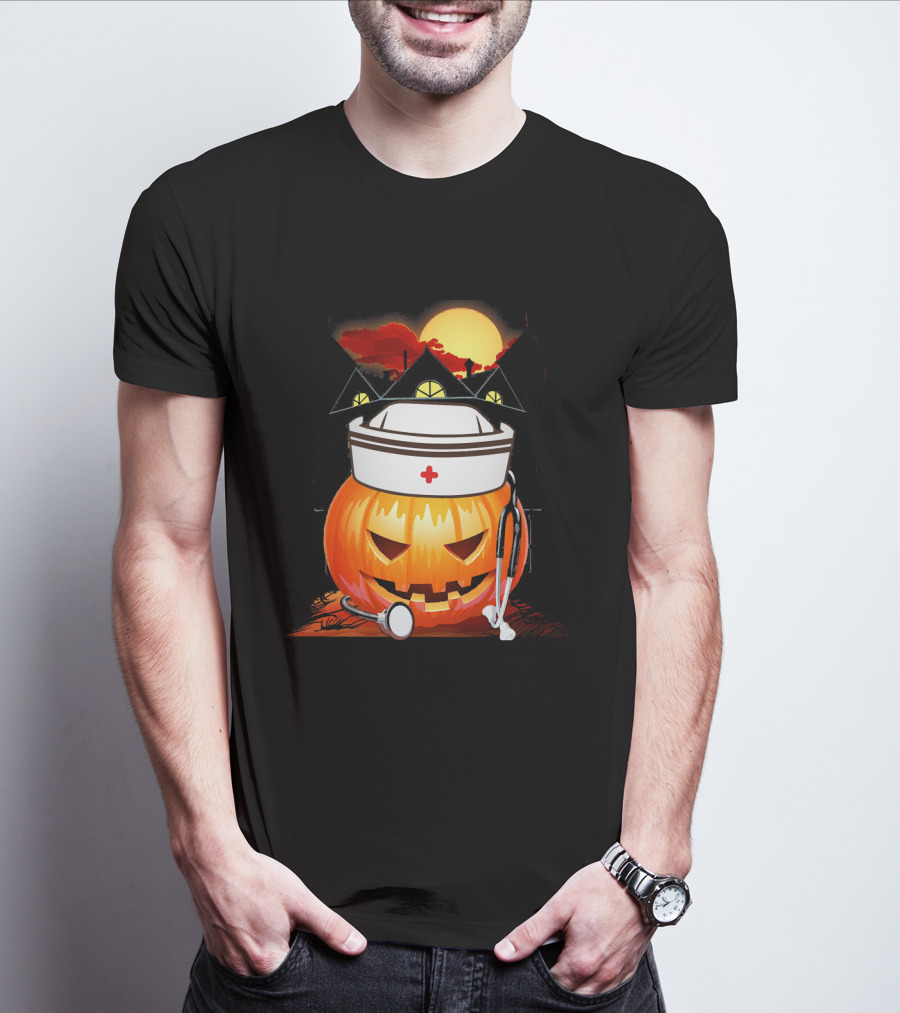 Nurse Pumpkin Halloween With Stethoscope And Haunted House T-Shirt