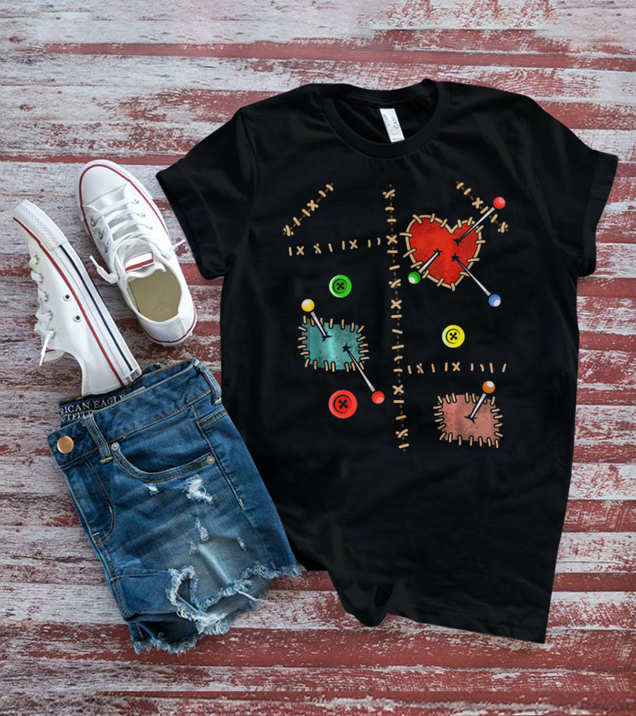 Voodoo Doll Halloween Costume With Heart And Button Patches T-Shirt