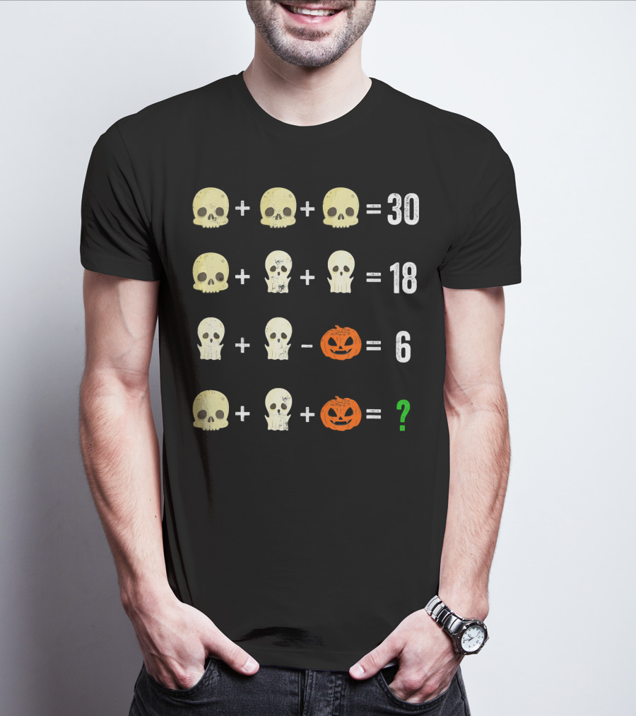 Math Puzzle Halloween Skulls And Pumpkins Calculation Challenge T-Shirt