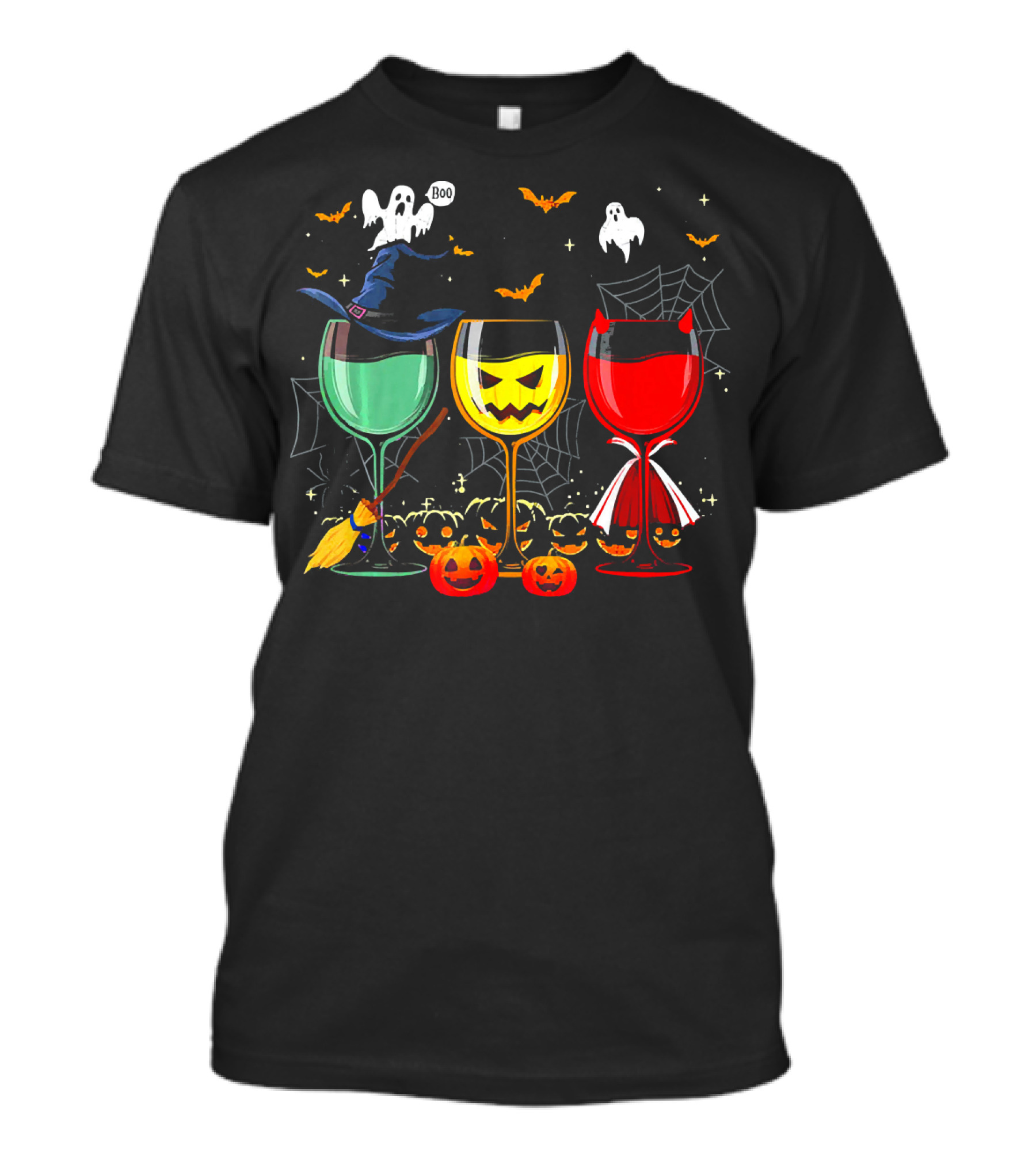 Halloween Witches Pumpkin Ghost Devil Wine Glasses T-Shirt