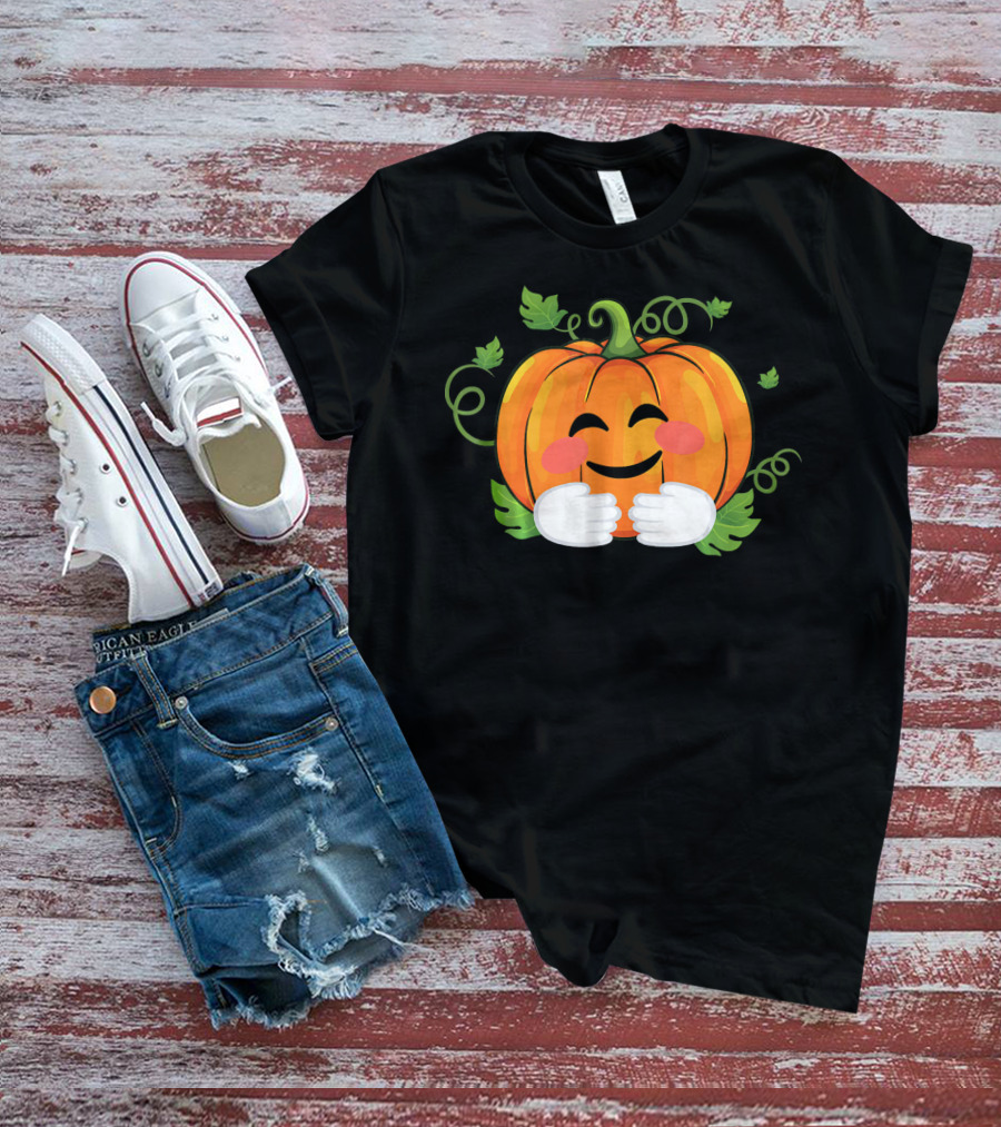Pumpkin Emoji Big Hugs Smiling Face With Leaves And Vines T-Shirt