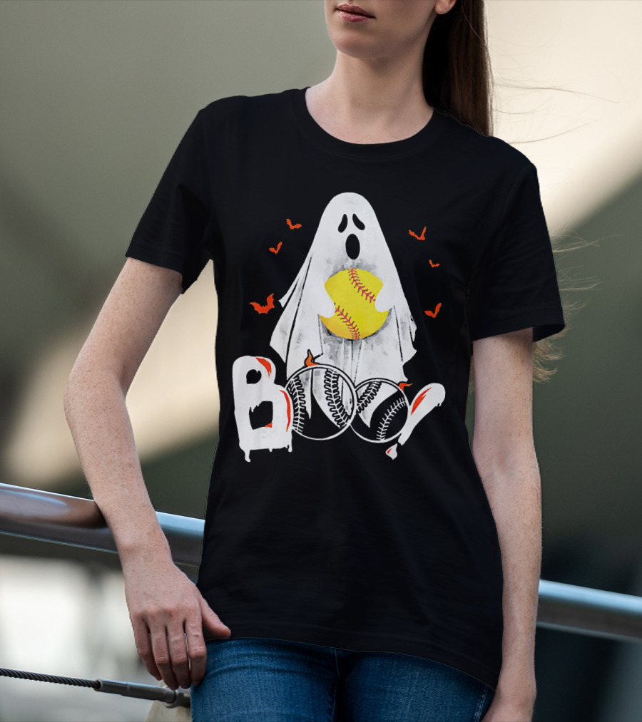 Ghostly Boo Softball With Yellow Softball And Bats T-Shirt