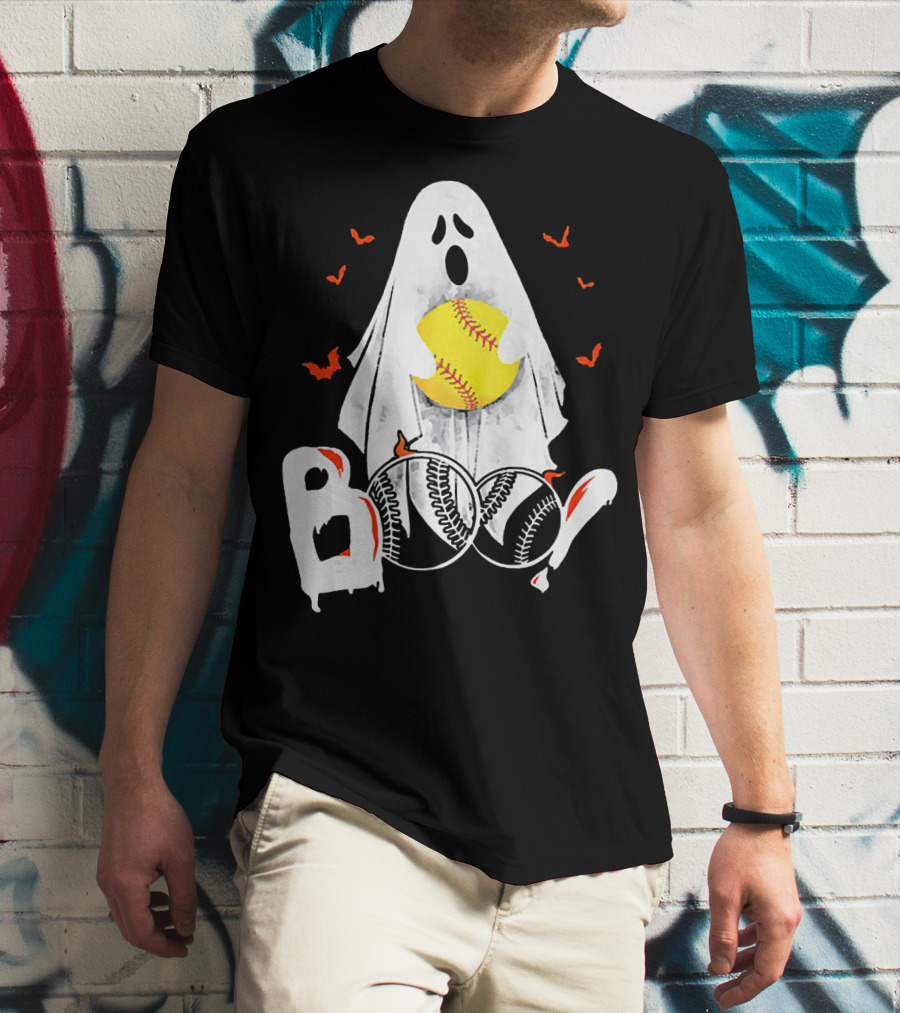 Ghostly Boo Softball With Yellow Softball And Bats T-Shirt