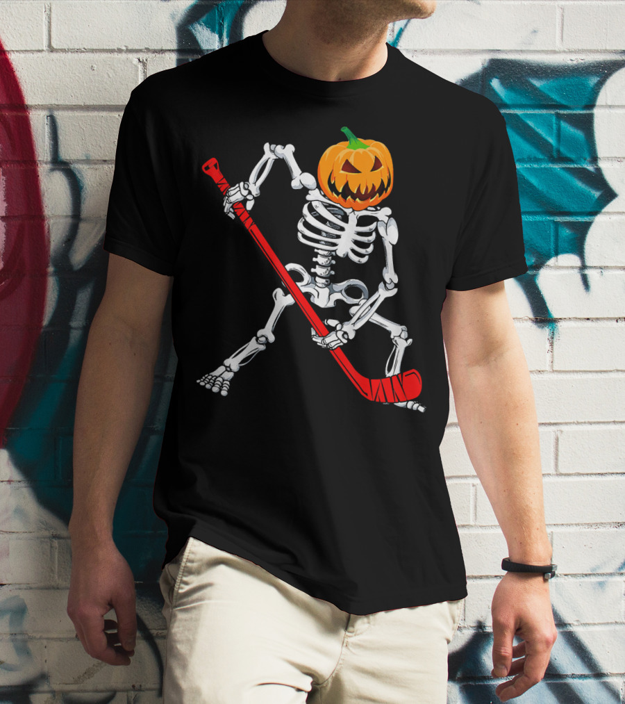 Halloween Skeleton With Pumpkin Head Playing Hockey T-Shirt