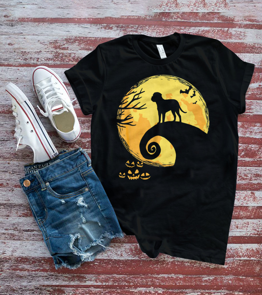 Bullmastiff Silhouette Moonlit Halloween Scene With Pumpkins And Bats T-Shirt