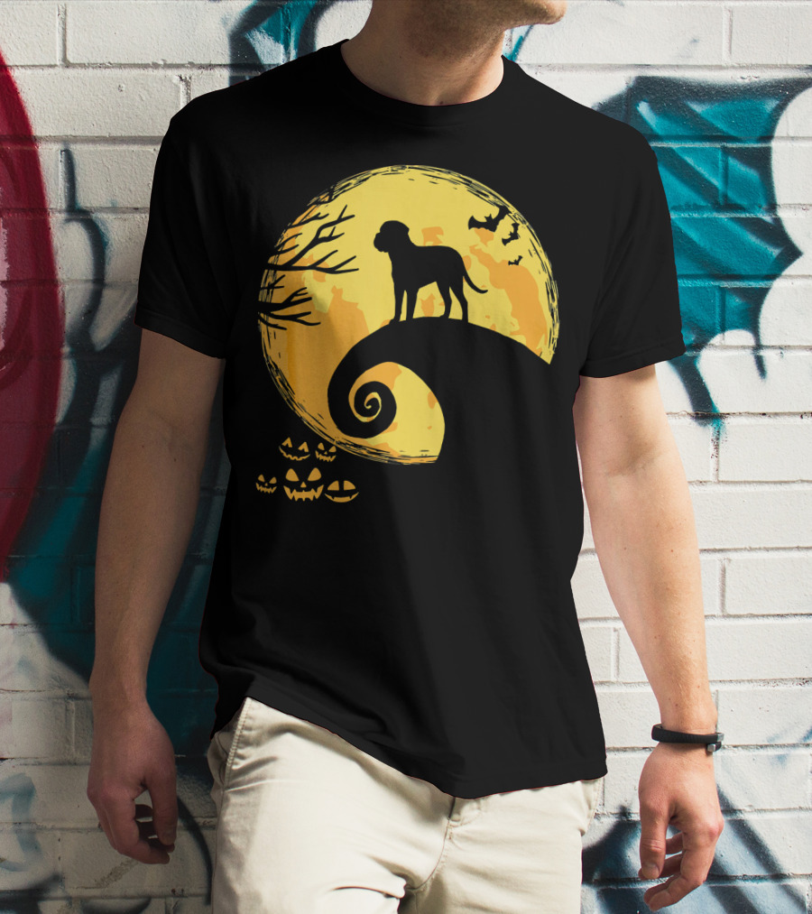 Bullmastiff Silhouette Moonlit Halloween Scene With Pumpkins And Bats T-Shirt